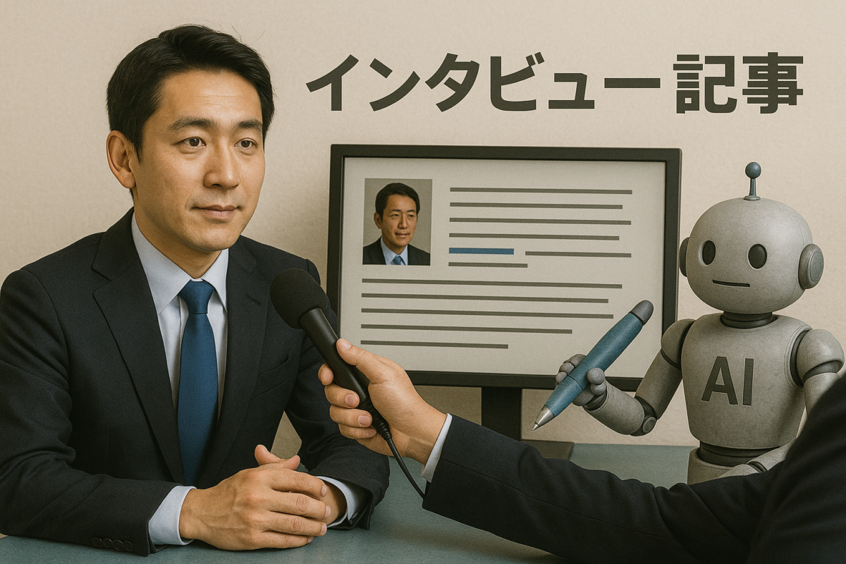 スーツ姿の日本人男性ビジネスマンがインタビューを受け、マイクを向けられている。隣にはAIロボットがペンを持ち、パソコン画面に記事化された内容が表示されている。上部には「インタビュー記事」という文字。