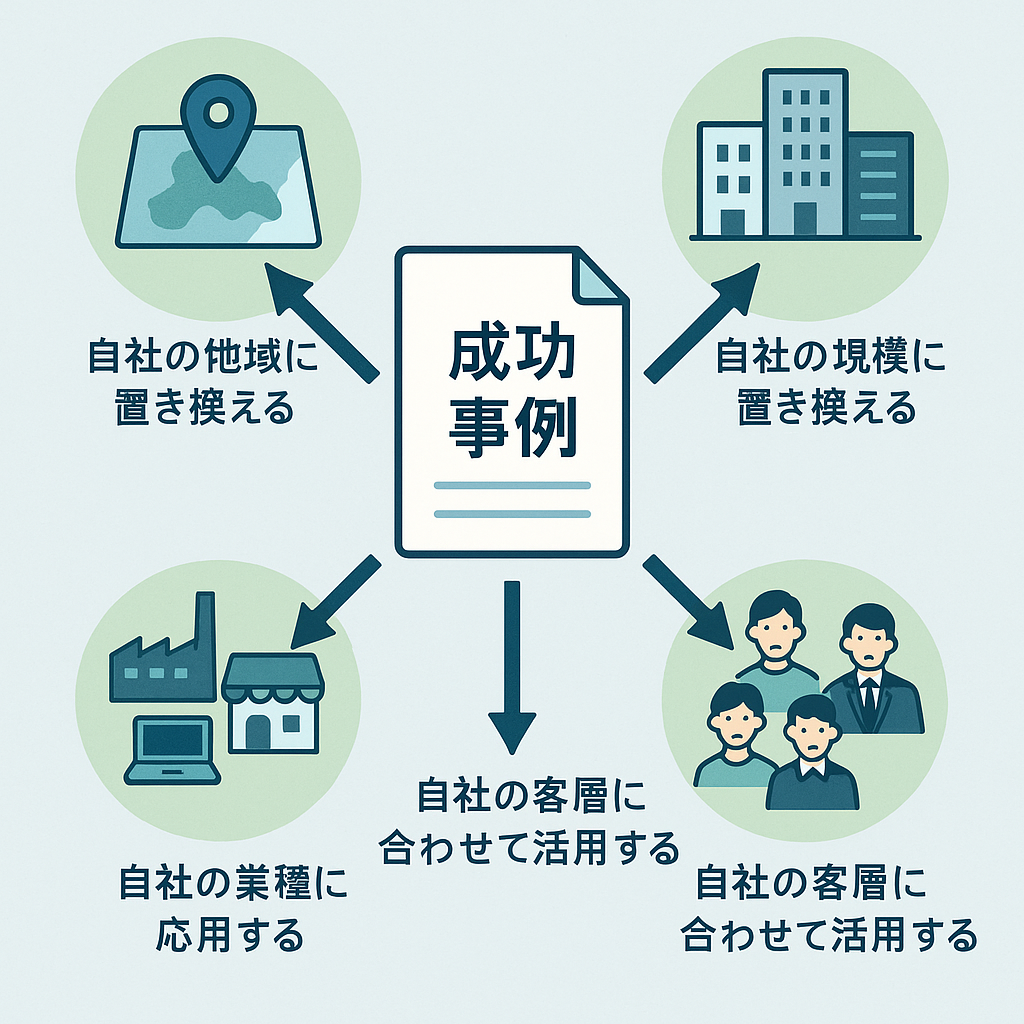 中央に“成功事例”と書かれた書類アイコンがあり、そこから矢印が4方向に伸びるインフォグラフィック。左上に地図アイコンと『自社の地域に置き換える』、右上に大小のビルアイコンと『自社の規模に置き換える』、左下に工場・店舗・パソコンのアイコンと『自社の業種に応用する』、右下に人物アイコン（若者・家族・ビジネスマン）と『自社の客層に合わせて活用する』。ブルーとグリーンを基調としたシンプルなビジネスデザイン。