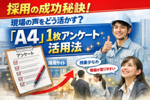 採用の成功秘訣として、現場の声を活かす「A4」1枚アンケート活用法を紹介するアイキャッチ画像。採用サイト改善や若手採用成功をイメージしたビジュアル。