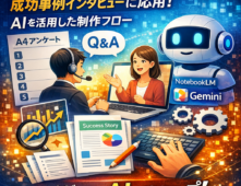 A4一枚アンケートの質問を使ったオンラインインタビューと、NotebookLMやGeminiなどAIを活用した成功事例制作フローのイメージ