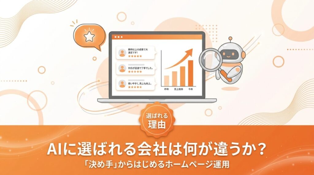 AIに選ばれる会社のホームページ運用を解説する記事のアイキャッチ画像。ラップトップ画面にお客様の声と右肩上がりのグラフ、AIロボットが評価する様子のイラスト。「AIに選ばれる会社は何が違うか？」「決め手からはじめるホームページ運用」のテキスト入り