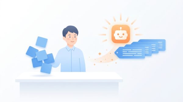 AIエージェントがバラバラなタグをまとめて整った形にする様子を表したイラスト